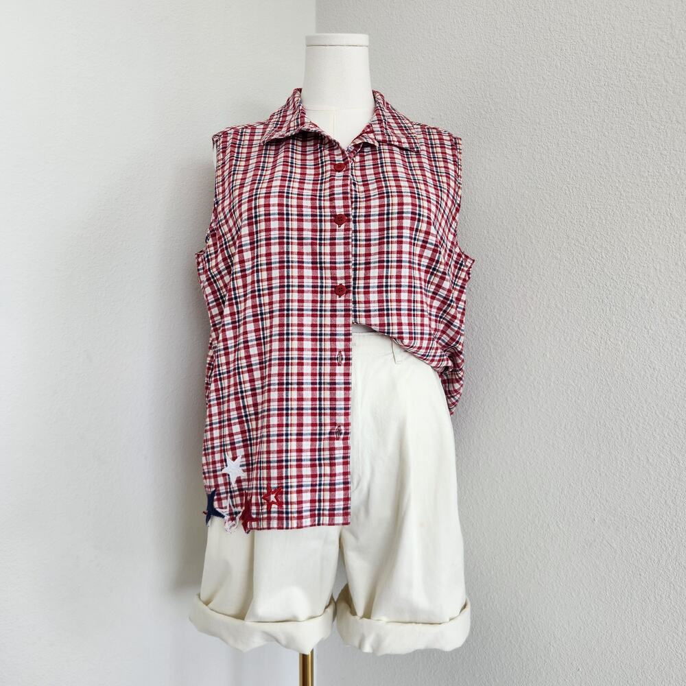 Vintage Red White Blue Plaid Sleeveless Button Up Top Americana Lemon Grass XL